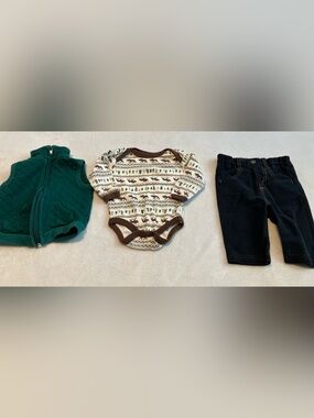 Green Quilted Vest with Cream & Brown Moose Tree Bodysuit with Blue Jeans
